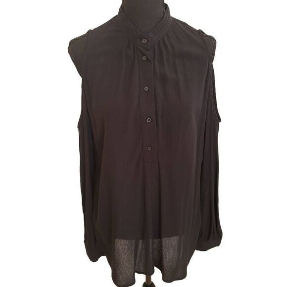Anthropologie Ro & De Women's Half-Placket Cold Shoulder Blouse Black Medium - Picture 6 of 13